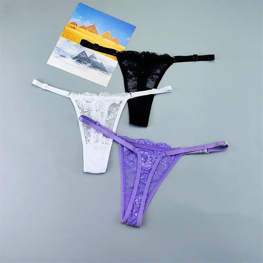 3PCS Einstellbare Sexy Transparent Tanga Höschen Frauen Spitze Unterwäsche Niedrige Taille Weibliche T-zurück String Unterhose